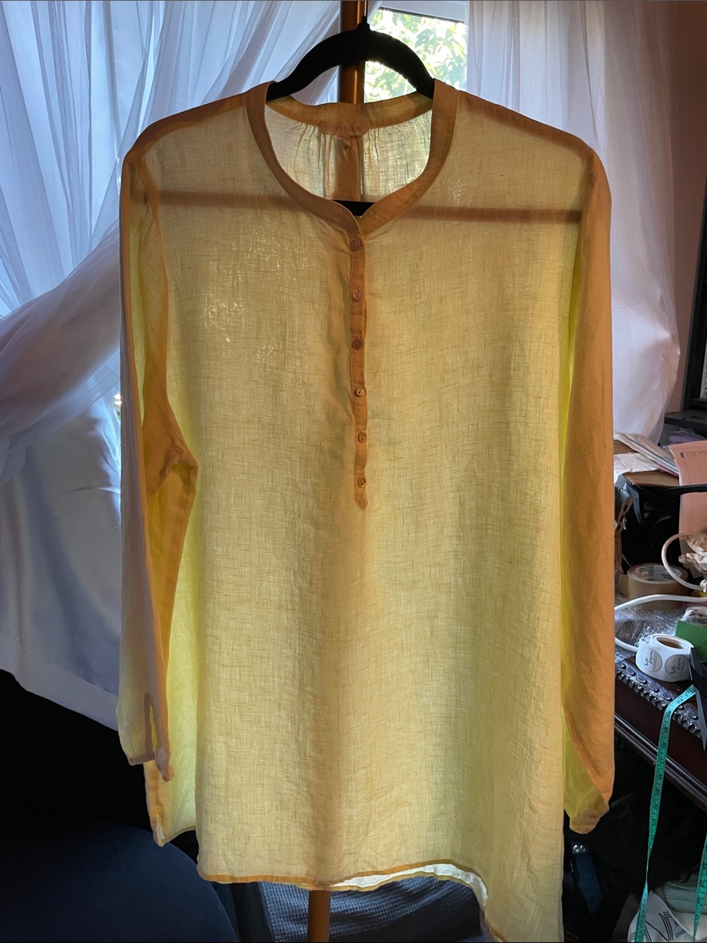 Eileen Fisher Light Yellow Casual Button-Down Linen Shirt